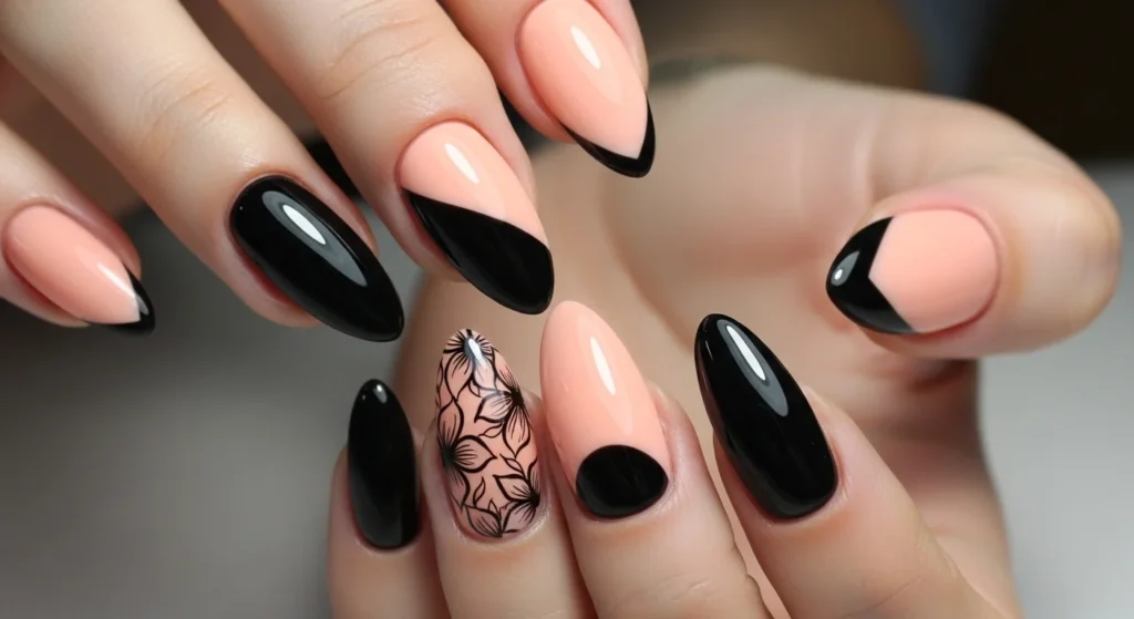 Black & Peach Nails