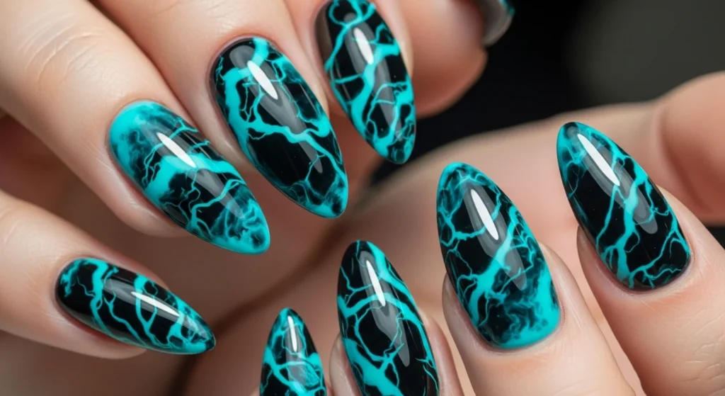 Black & Turquoise Marble nails