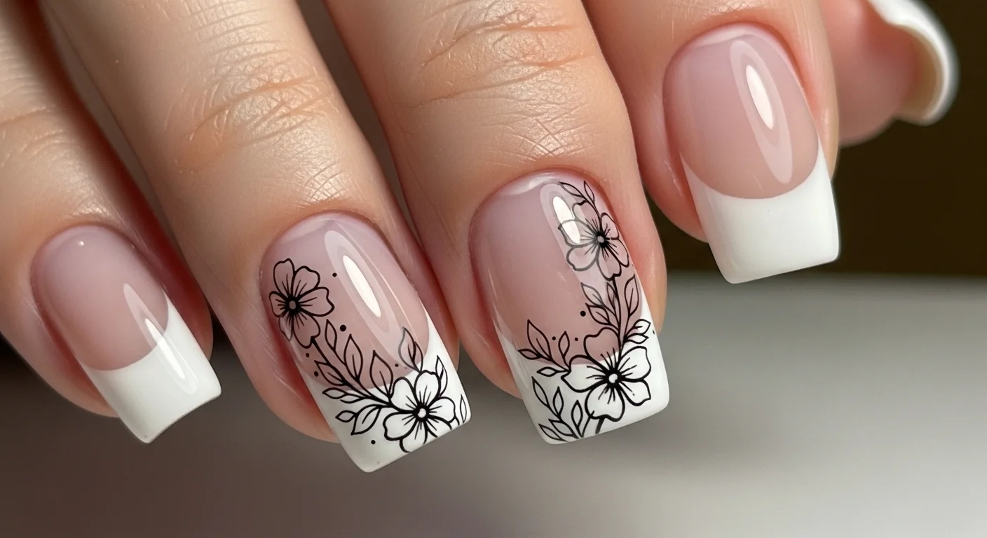 French Tip with Floral Line Art