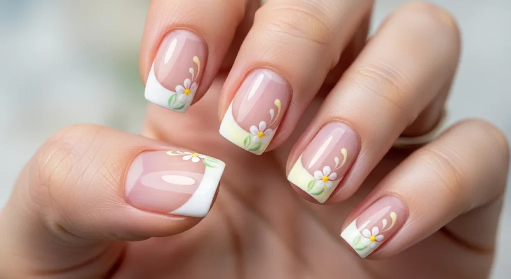 Pastel Yellow Floral French Tips nails