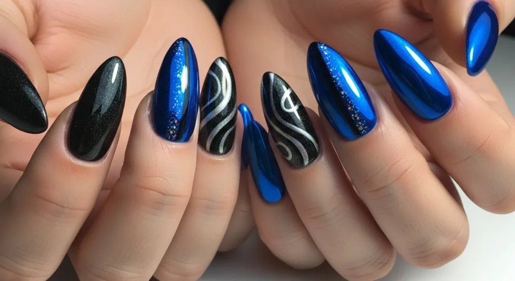 Black & Royal Blue Chrome nails