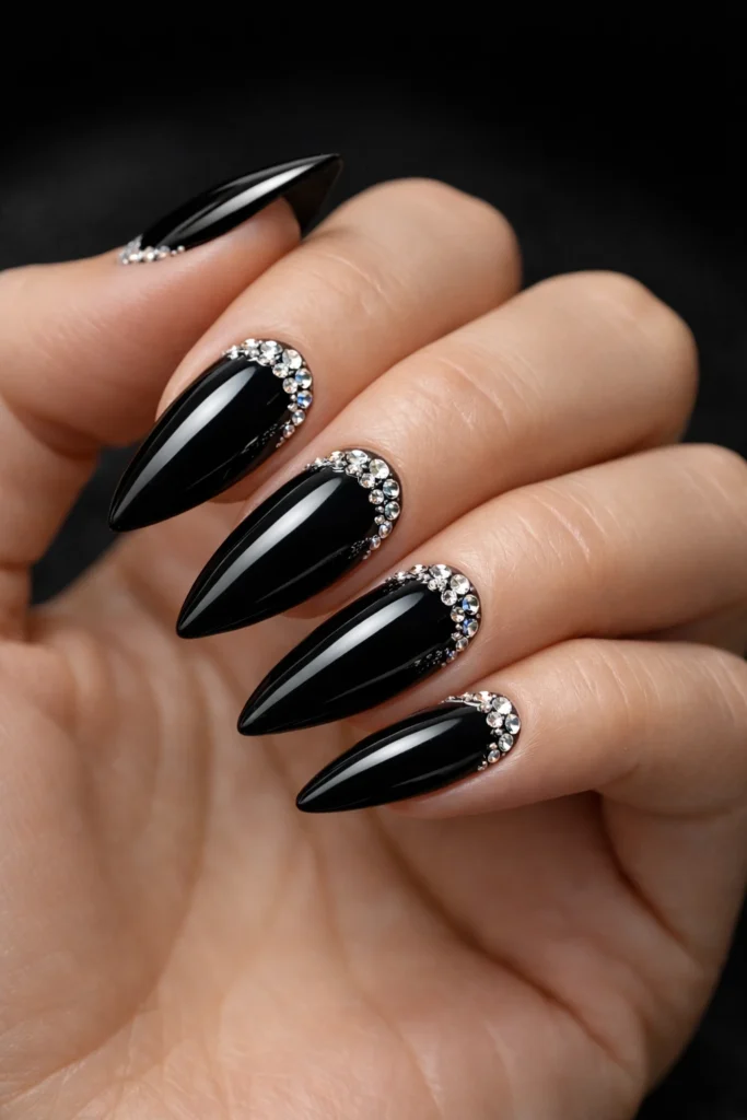 Black Nails with Rhinestones