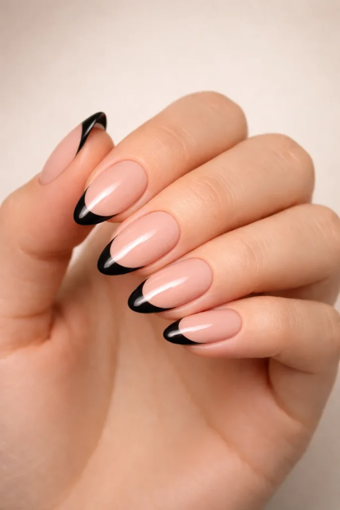 Nude Nails with Black French Tips nails