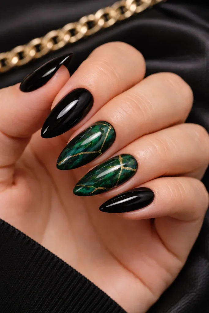 Black & Emerald Green nails