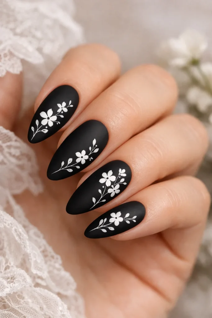 Black Floral Nails