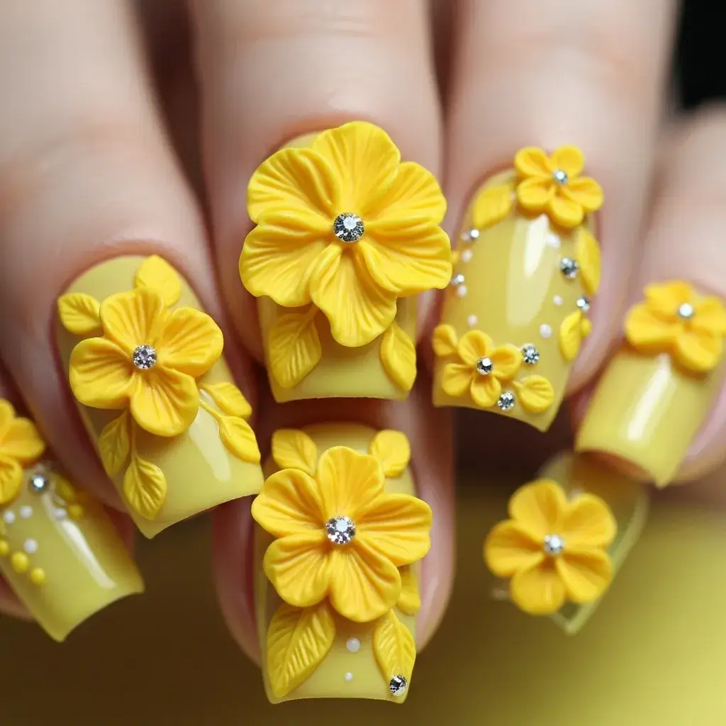 3D Yellow Gel Flower Nails