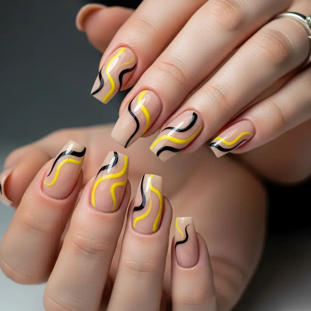 Abstract Yellow Line Art Nails