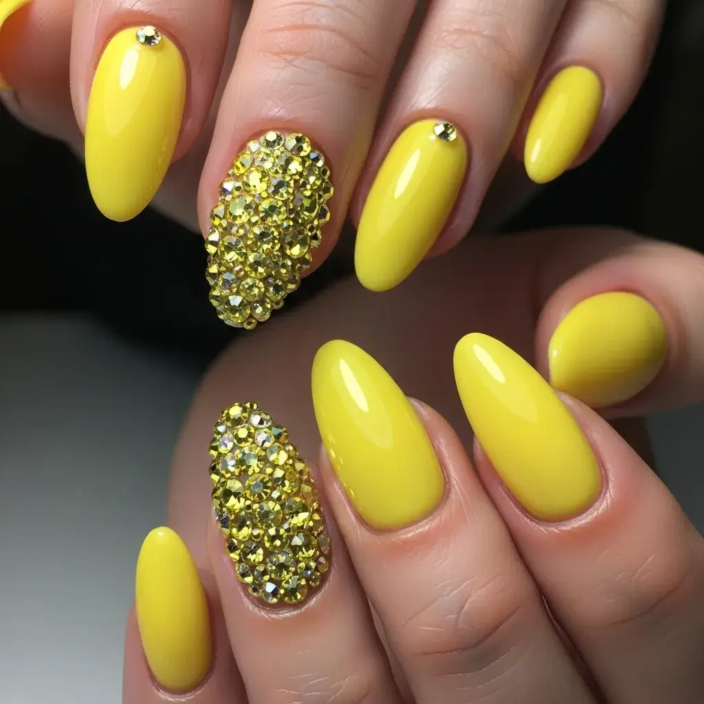  Rhinestone Accent Yellow Nails