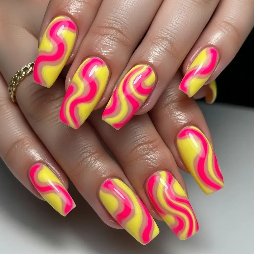 Yellow and Hot Pink Swirl Nails